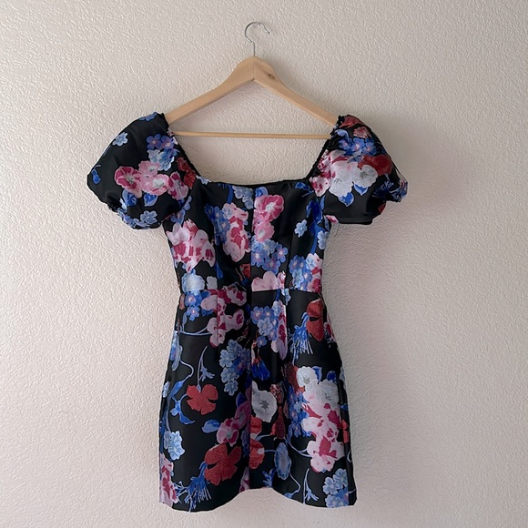 Lulu’s So Stunning Black Multi Floral Jacquard Puff Sleeve Mini Dress - Picture 3 of 6
